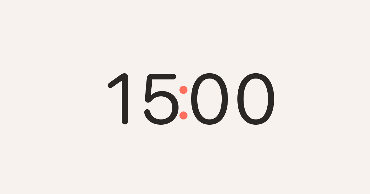 A fifteen minute countdown, 15:00, with a coral colon on a cream ground.